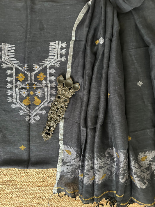 BLACK JAMDANI LINEN KURTA SET LJS-1049