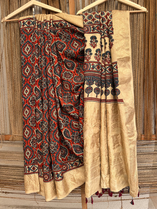 BEIGE DOLA SILK AJRAKH ZARI BORDER SARI