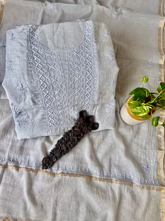 SLATE GRAY PREMIUM MULL CHANDERI LUCKNOWI CHICKENKARI HAND EMBROIDERY THREE PIECE SUIT