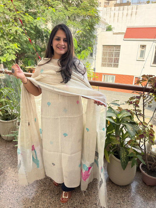 PEARL WHITE WOVEN LINEN  KURTA SET LJS- 205