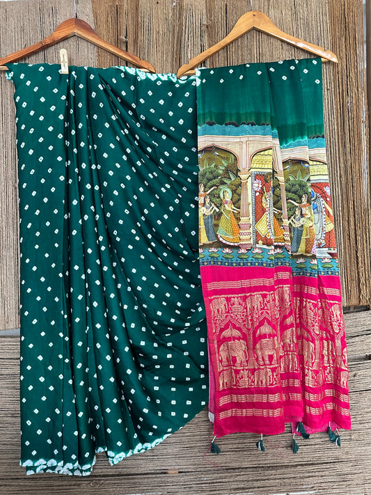 CASTLETON GREEN MODAL SILK BANDHANI SARI WITH PICHWAI PRINT BPS 20