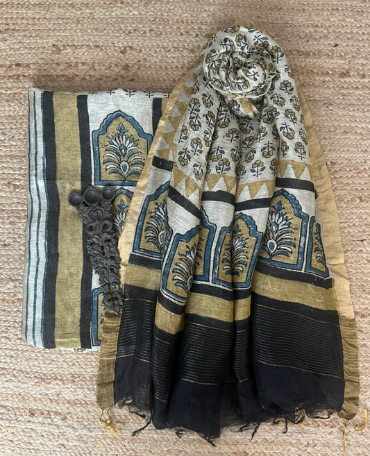 BEIGE AJRAKH BUTTA LINEN SILK HANDBLOCK SUIT SET