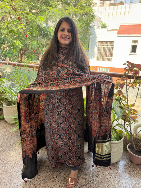 BLACK YELLOW AJRAKH MODAL SILK HANDBLOCK KURTA SET