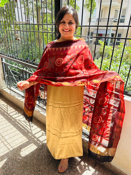 GOLDEN BEIGE MODAL SILK KURTA WITH CHANDERI COIN BUTTI HANDCRAFTED CHANDERI SILK DUPATTA WITH ZARI BORDER