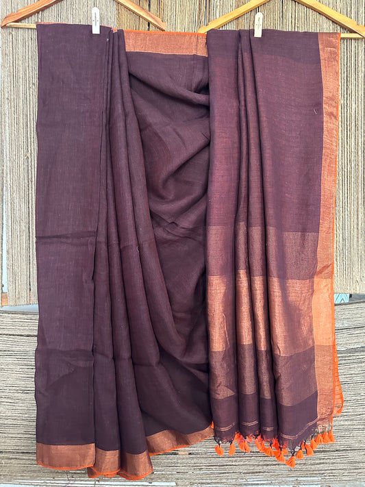SYRUP BROWN LINEN SARI WITH WOVEN BORDER