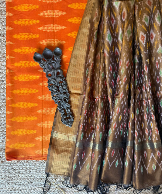 ORANGE IKKAT PURE SILK HANWOVEN KURTA WITH IKKAT PURE SILK HANDWOVEN DUPATTA
