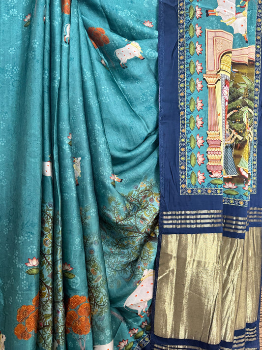Turquoise blue pichwai modal silk print sari with zari border pms- 1034