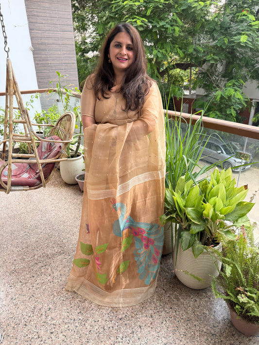 Taupe Beige Jamdani sequence work handwoven pure muslin silk sari With Matka Silk Blouse Piece