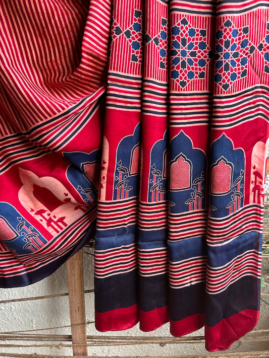 RED MAROON CONTEMPRORAY AJRAKH MODAL SILK SARI