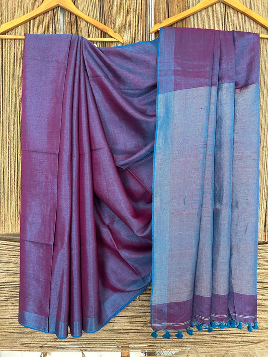 PURPLE & BLUE TISSUE LINEN ZARI SARI WITH WOVEN RED BORDER TL-45