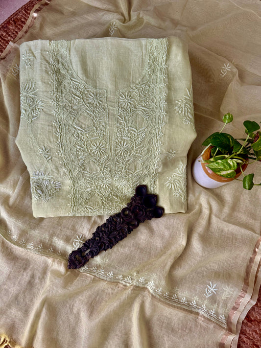 TEA GREEN PINK PREMIUM MULL CHANDERI LUCKNOWI CHICKENKARI HAND EMBROIDERY THREE PIECE SUIT