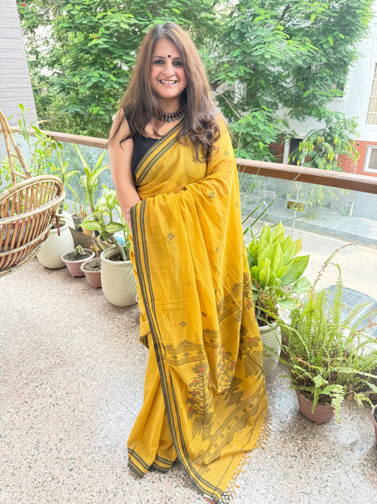GAMBOGE YELLOW CLASSIC AUTHENTIC HANDWOVEN JAMDANI WEAVING PURE COTTON SARI