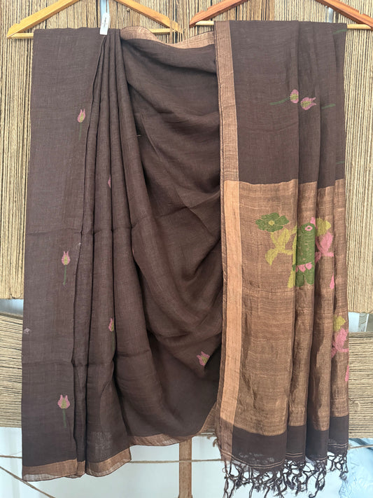 COFFEE BROWN HANDWOVEN JAYSHREE LINEN JAMDANI SARI
