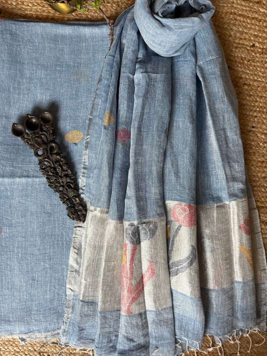 SAPPHIRE BLUE SILVER WOVEN LINEN  KURTA SET LJS- 2011