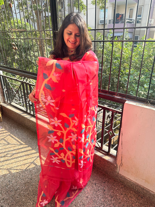DARK PINK JAMDANI HANDWOVEN PURE MUSLIN SILK SARI MJS-12