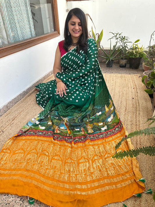 BOTTLE GREEN MODAL SILK BANDHANI SARI WITH PICHWAI PRINT BPS 4