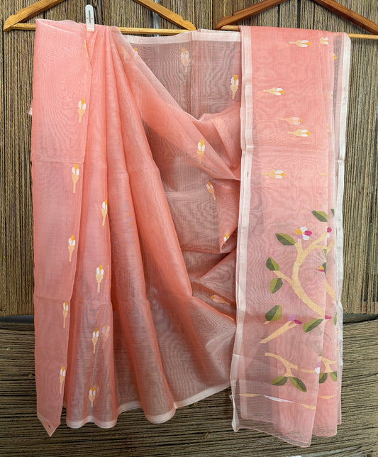Peach jamdani handwoven pure muslin silk sari