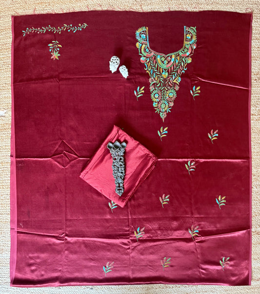 MAROON MASHRU SILK HAND EMBROIDERY KASHMIRI HANDEMBROIDERY SOZNI WORK CORD SET Cs- 28