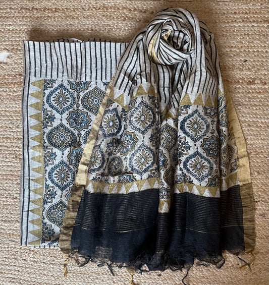 BEIGE AJRAKH BUTTA LINEN SILK HANDBLOCK SUIT SET