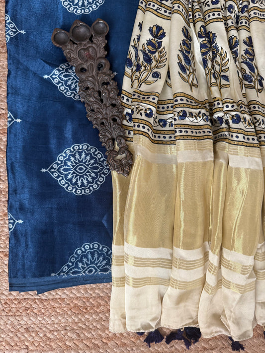 Blue Mashru Silk Kurta With Beige Ajrakh Handcrafted Modal Silk Dupatta
