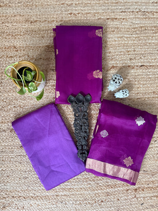 Violet Purple Kora Silk Certified Handloom Banarsi Kadwa Booti Three Piece Suit CBS-58