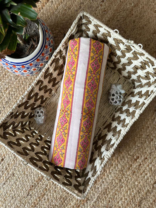 WHITE WITH MUSTARD JAYPURI HANDCRAFTED NATURAL DYE PRINTED FABRIC CF - 5