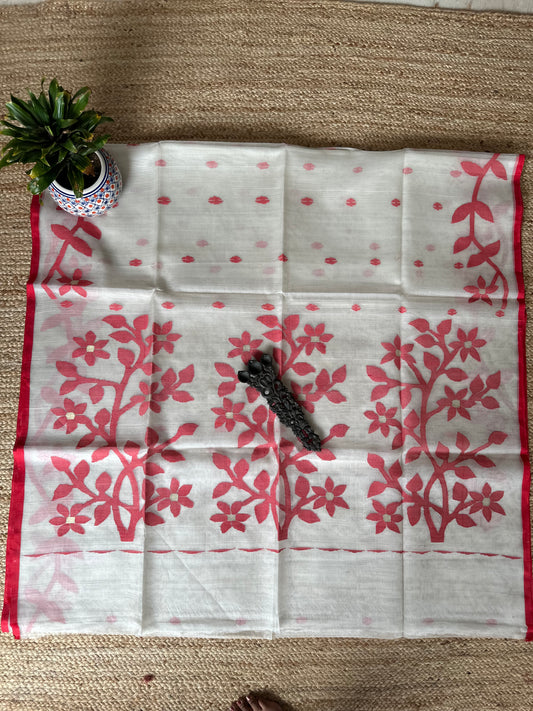CREAM RED HANDWOVEN PURE MUSLIN SILK SARI MJS 43