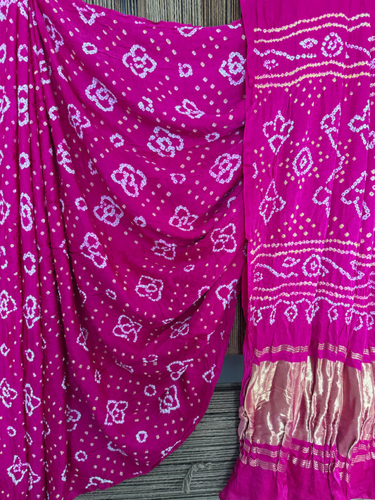 Fuchsia pink gajji silk rai bandhani sari
