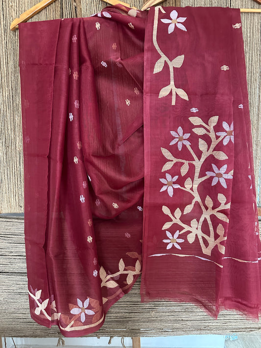 ROYAL MAROON JAMDANI HANDWOVEN PURE MUSLIN SILK SARI