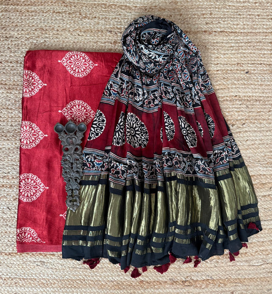 Maroon Mashru Silk Kurta With Black Ajrakh Handcrafted Modal Silk Dupatta