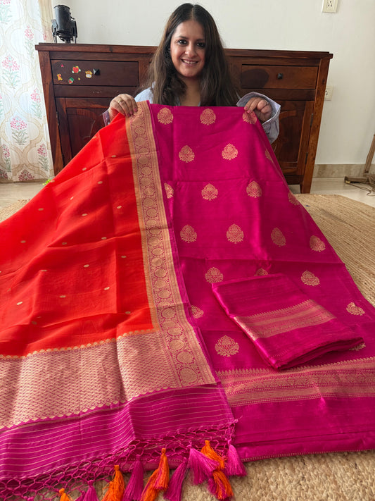 Barbie Pink raw silk certified handloom banarsi kadwa butti with woven zari three piece suit