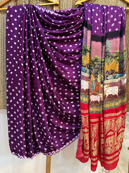 Purple Modal silkBandhani handcrafted with Pichwai Print Sari in Nakshi Elephant Border BpS 25
