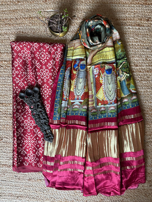 MAROON THREE DOTS MASHRU SILK KURTA WITH PATOLA HANDCRAFTED MODAL SILK DUPATTA PS-205