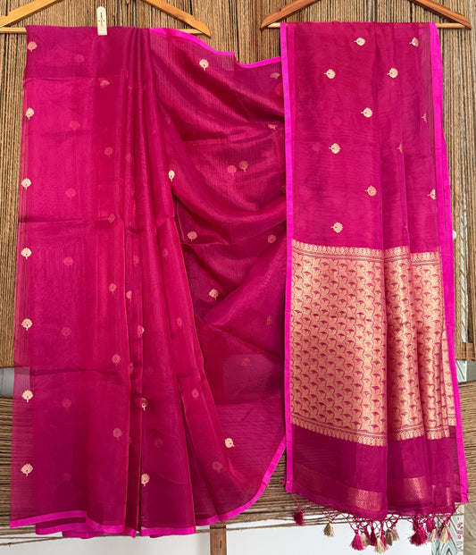 Barbie Pink Kora Tissue silk certified handloom banarsi sari with woven zari