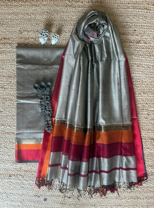 GREY MAHESHARI BORDER SILK HANDLOOM KURTA SET