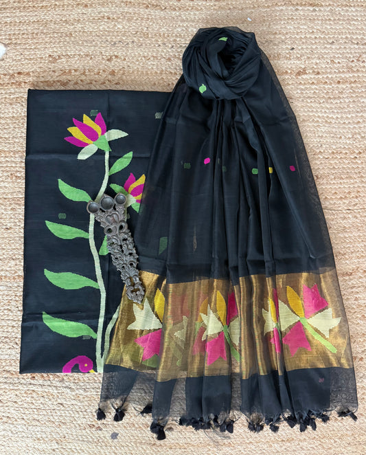 Black handwoven jamdani pure cotton silk kurta set mjk