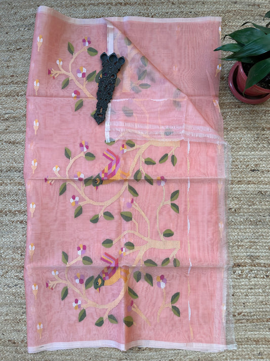 PEACH JAMDANI HANDWOVEN PURE MUSLIN SILK SARI MJS 56