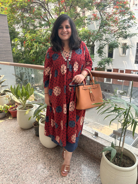 RED POLKA COTTON AJRAKH HANDCRAFTED KURTA