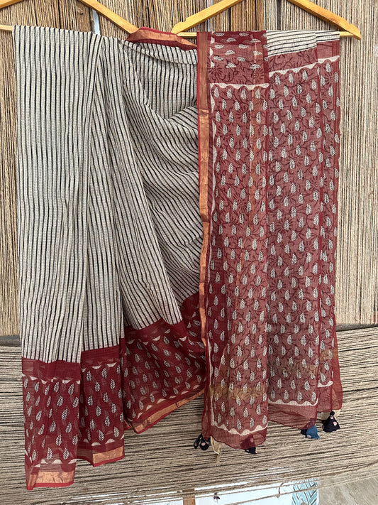 BONE GRAY & MAROON KOTA DORIA HANDBLOCK SARI