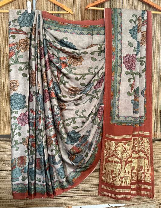 Brown maroon modal silk patola print sari with zari border pms- 1066
