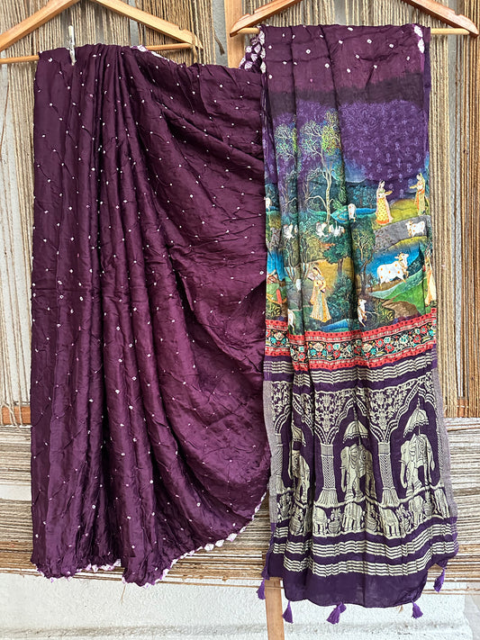 PURPLE MODAL SILK BANDHANI SARI WITH PICHWAI PRINT BPS 13