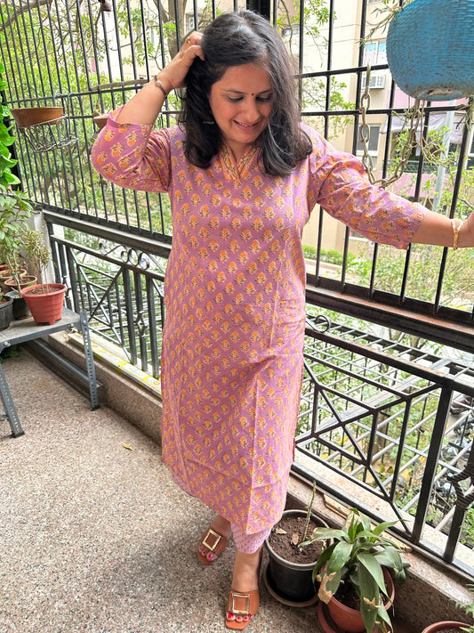 PURPLE COTTON HANDBLOCK HANDCRAFTED KURTA WITH BORDER