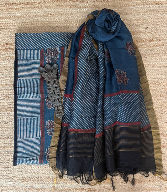 INDIGO BLUE AJRAKH BUTTA LINEN SILK HANDBLOCK SUIT SET