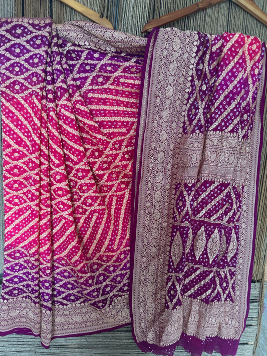 Pink Purple Handwoven Neem Zari Bareek Bandhani Saree with Khaddi Georgette BS- 55