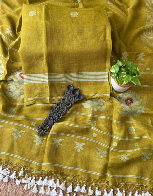 CITRINE YELLOW PURE JAYSHREE LINEN JAMDANI HANDWOVEN KURTA SET