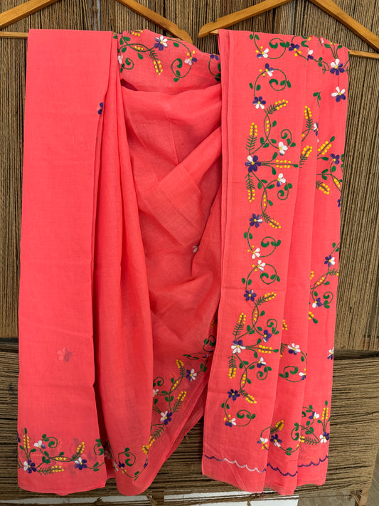 BEAUTIFUL PEACH PINK HAND EMBROIDERY ON BENGAL HAND WEAVE SARI