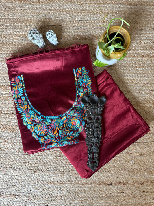 MAROON MASHRU SILK HAND EMBROIDERY KASHMIRI HANDEMBROIDERY SOZNI WORK CORD SET Cs- 26