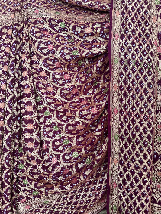 Jam purple Handwoven Neem Zari Bareek Bandhani Saree with Khaddi Georgette with Meenakari Work BS- 15