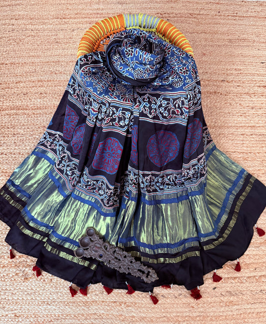 Black ajrakh silk zari woven dupatta