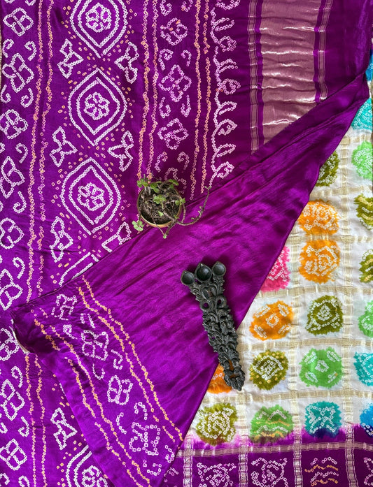 Purple & Multi Colour Gajji silk gharchola rai bandhani Gajji sari